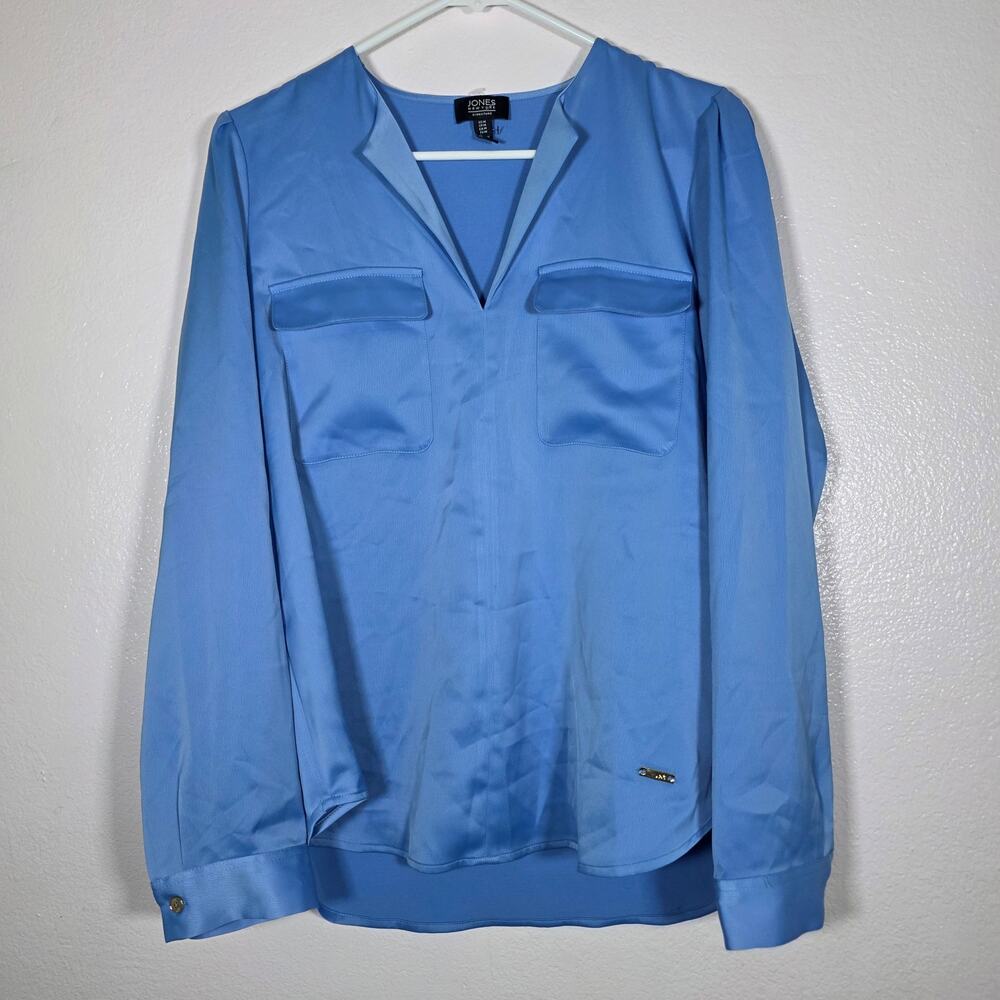 Jones New York Signature Notched V-Neck Pocket Blouse Blue Womens M